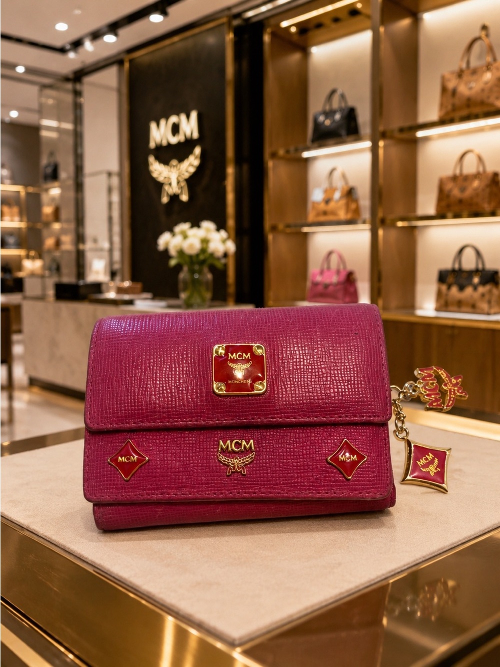 MCM Hot Pink Short Studded Charm Trifold Wallet.Key